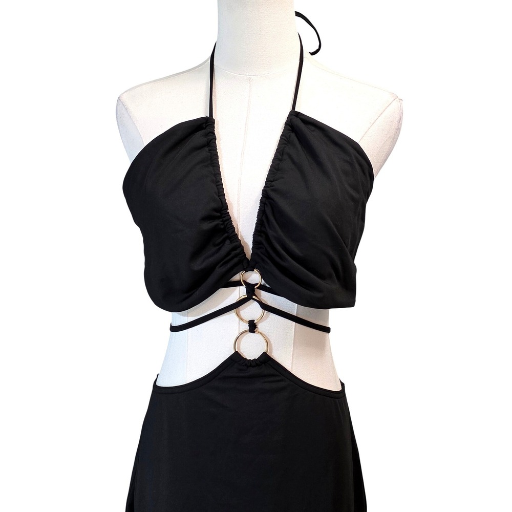 Marthea Black Halter Neck Cutout Midi Dress Sexy Slit Size XL - Picture 3 of 10